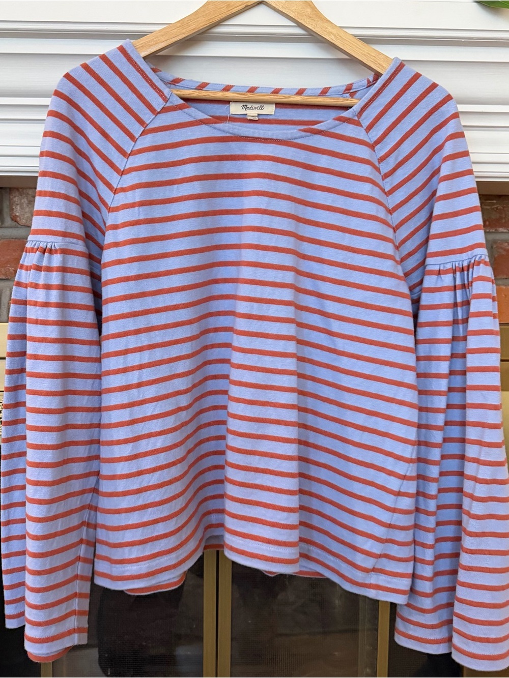Madewell Lavender & Coral Striped Bell Sleeve Top